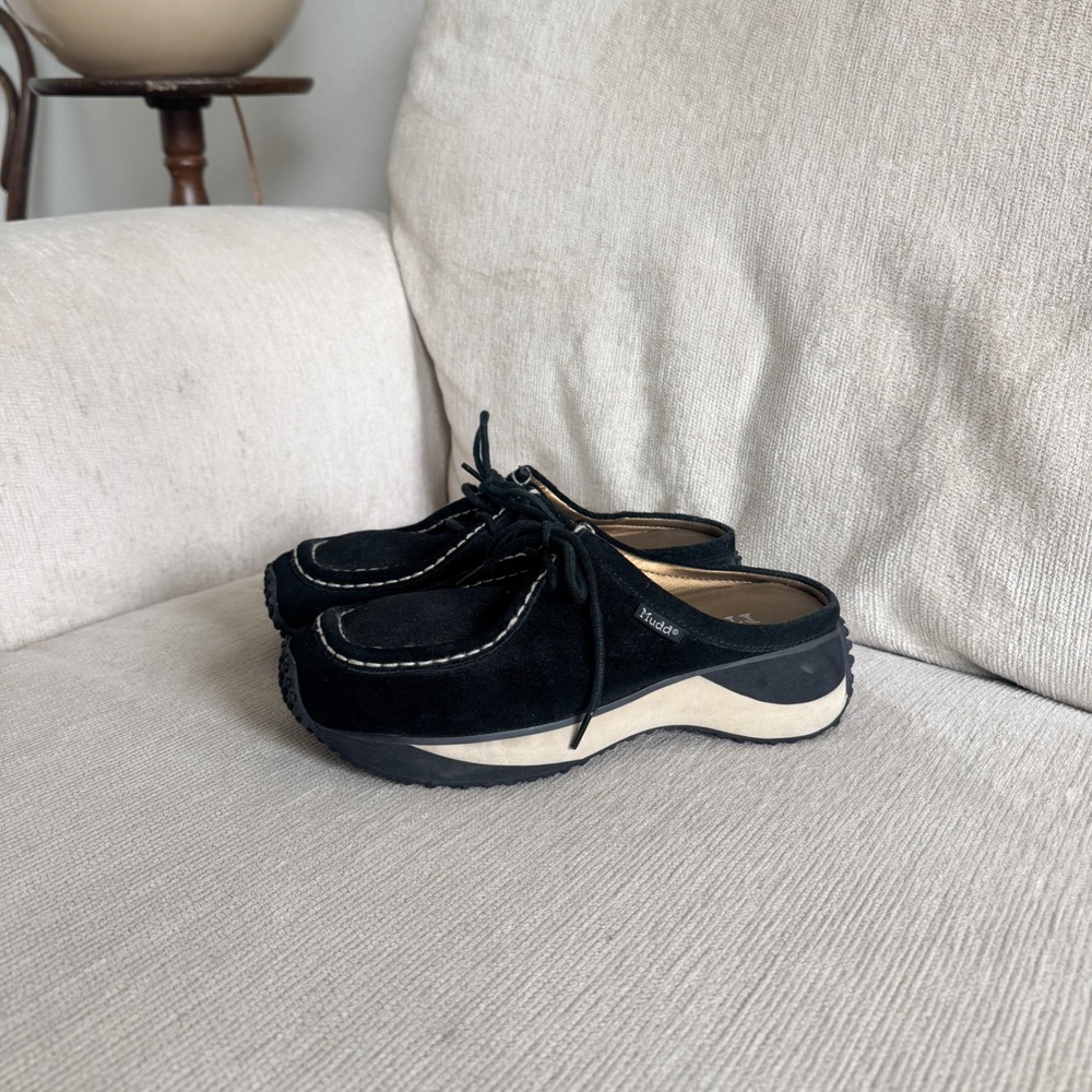 Mudd Vintage Black Suede Mules Moc Toe Lace Up Platform Shoes Womens 7.5 Y2K - Picture 2 of 11